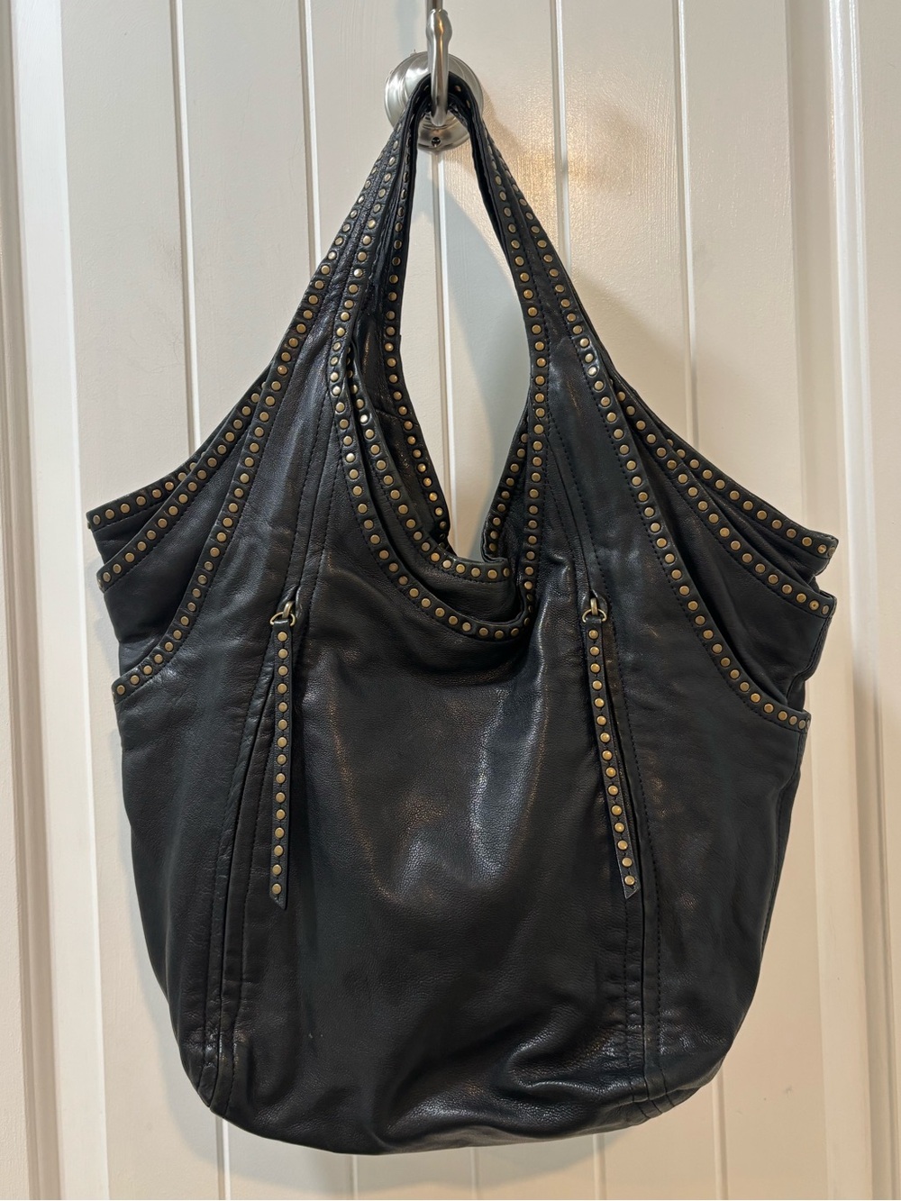 Vintage Kooba Leather Studded Hobo Slouch Sack Shoulder Bag Black Gold